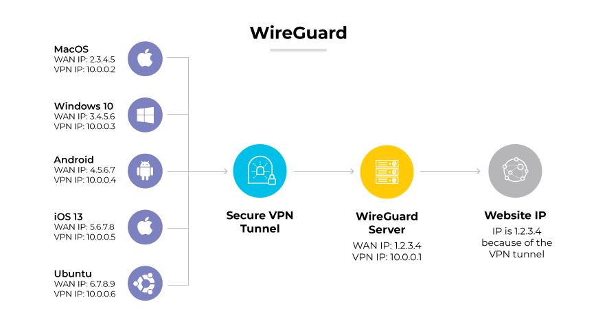 Das WireGuard-Protokoll zeigt verschiedene Geräte, die über einen sicheren VPN-Tunnel mit einem WireGuard-Server und dann mit einer Website-IP-Adresse verbunden sind. Das WireGuard-Protokoll zeigt verschiedene Geräte, die über einen sicheren VPN-Tunnel mit einem WireGuard-Server und dann mit einer Website-IP-Adresse verbunden sind.